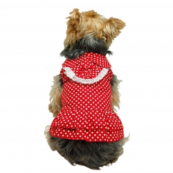 Rear view of the red polka dot dog dress with white lace trims